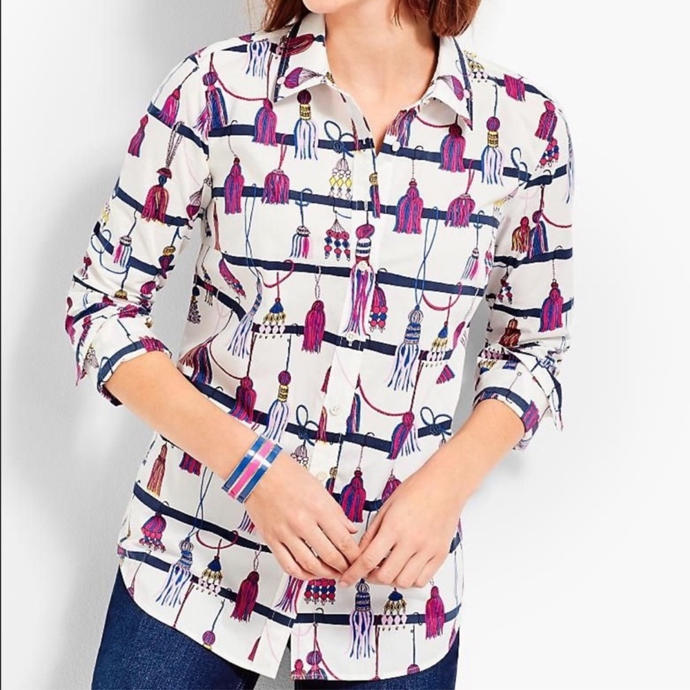 Talbots Tassel Print Striped Button Down Shirt